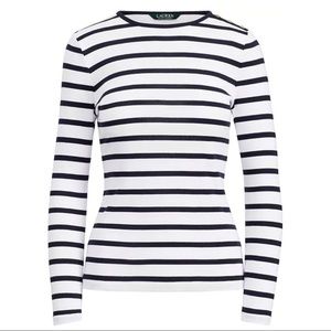 LAUREN RALPH LAUREN Nautical Striped Cotton Long Sleeve Top Button Shoulder